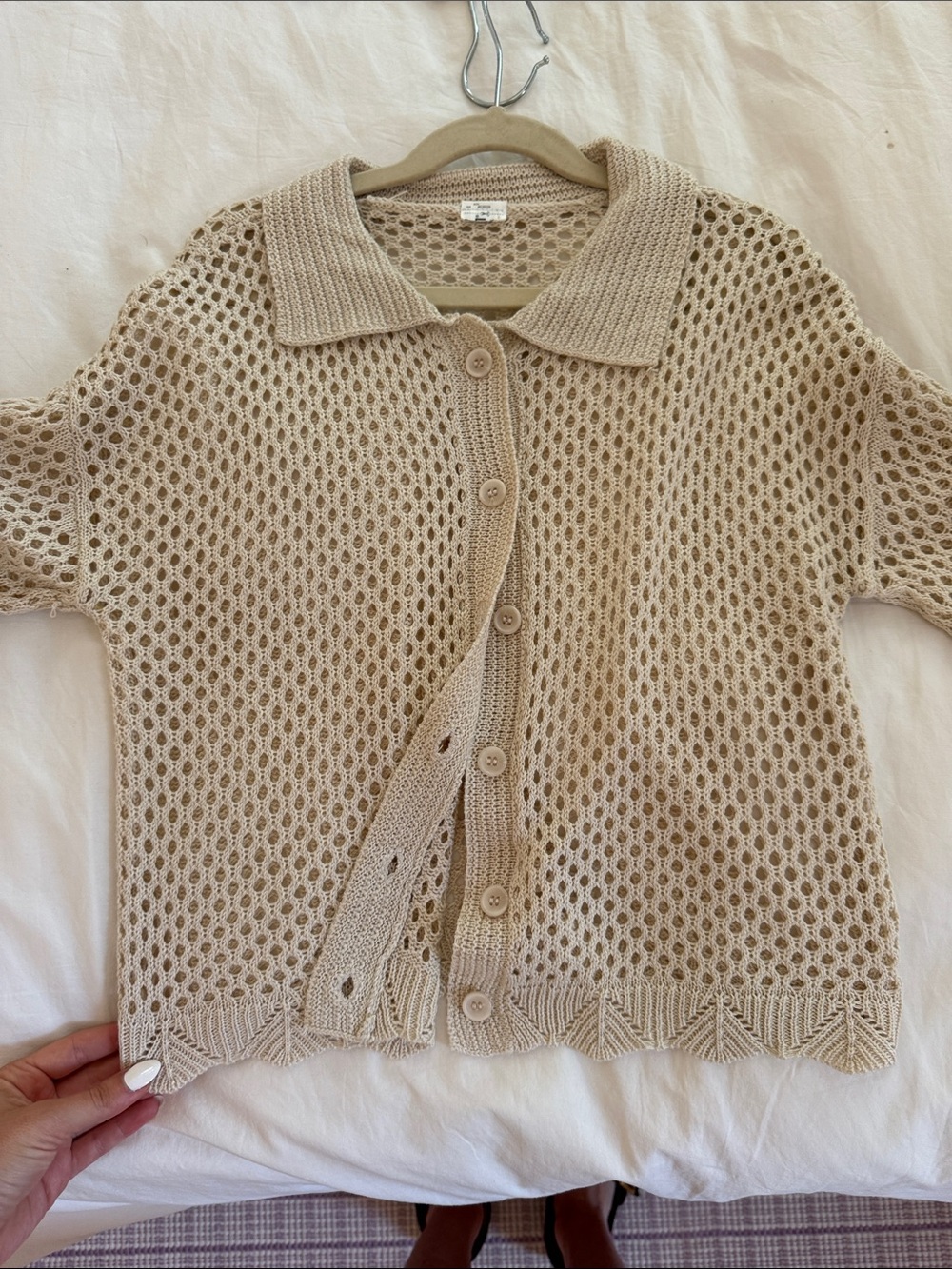 Forever 21 Beige Open-Knit Button Cardigan with Collar